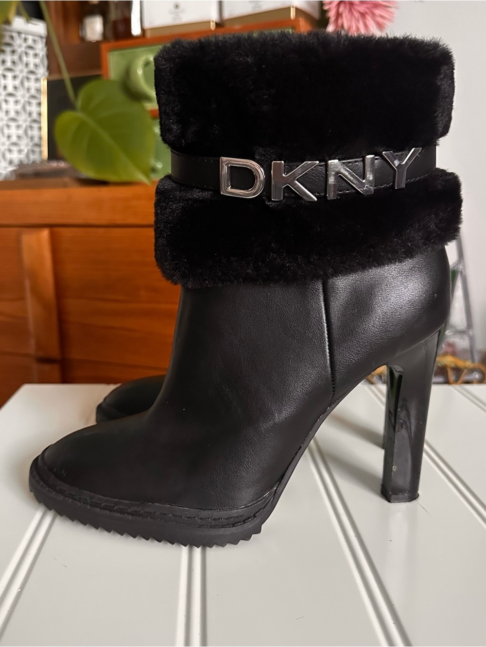Y2K DKNY Black Faux-Fur Cuff High-Heel Ankle Boots